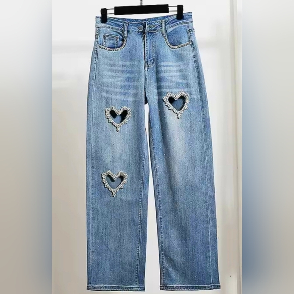 Light Blue Bedazzled Jeans With Crystal Heart Cut-outs
